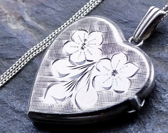 Vintage GEORG JENSEN Heart Locket Necklace - Two Flowers on 20" Chain - 4.3g