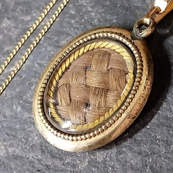 Antique 12ct GOLD Pendant Half Locket with Braided Hair 0n 16" Chain - 2.6g