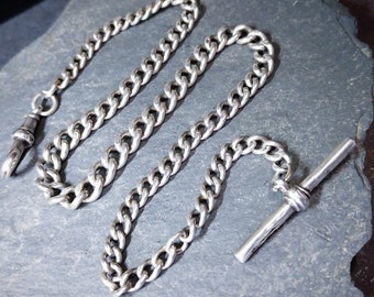 Antike Sterling Silber Albert Uhrenkette mit Knebelverschluss und Knebelverschluss - 38 cm - 26,1 g