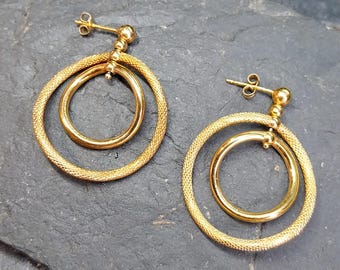 Vintage 9ct Gold Double Hoop DROP EARRINGS - Dangly - 2.8g