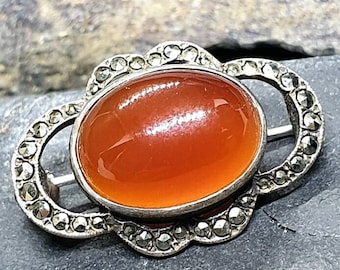 Vintage Carnelian Brooch - with Marcasite Stones, Scottish Silver - 5.9g