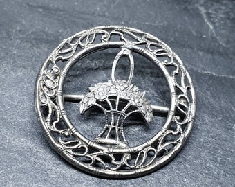 VICTORIAN Solid Silver BROOCH - Basket of Flowers - 2.6g