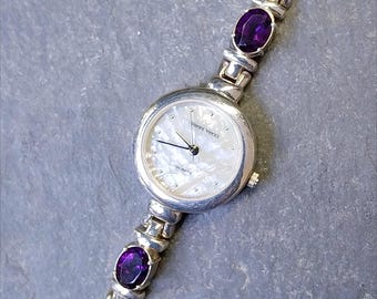 Beautiful Vintage Sterling Silver WATCH - with Amethyst in Strap 18cm - 43g