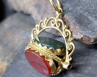 9ct GOLD Triple Spinner Watch Fob Pendant - Bloodstone, Onyx & Carnelian - 5.6g