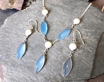 Sterling SILVER & Moonstone Necklace and Matching Earrings Gift Set 18" - 13.2g