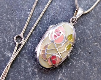 Vintage Silver ENAMEL LOCKET Necklace Mackintosh Style on 16" - 18" Chain - 6.4g