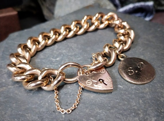 Antique Vintage Solid 9ct Rose GOLD LINK Bracelet Heart Padlock Clasp 20.1g Etsy