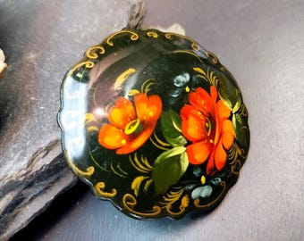 Russian Lacquer Art Brooch with Red Orange Flowers 7.4g