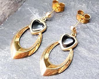 Vintage 9ct Gold EARRINGS with Black Onyx Heart - Dangling - 1.4g
