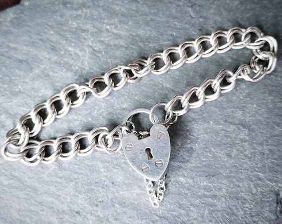 Vintage SILVER Double LINK BRACELET With Padlock Lock Clasp C 1980