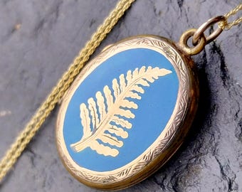 COLLANA CON MEMORY IN ORO 12 ct ANTICA con felce in smalto blu e catena da 18&#39; - 7,5 g