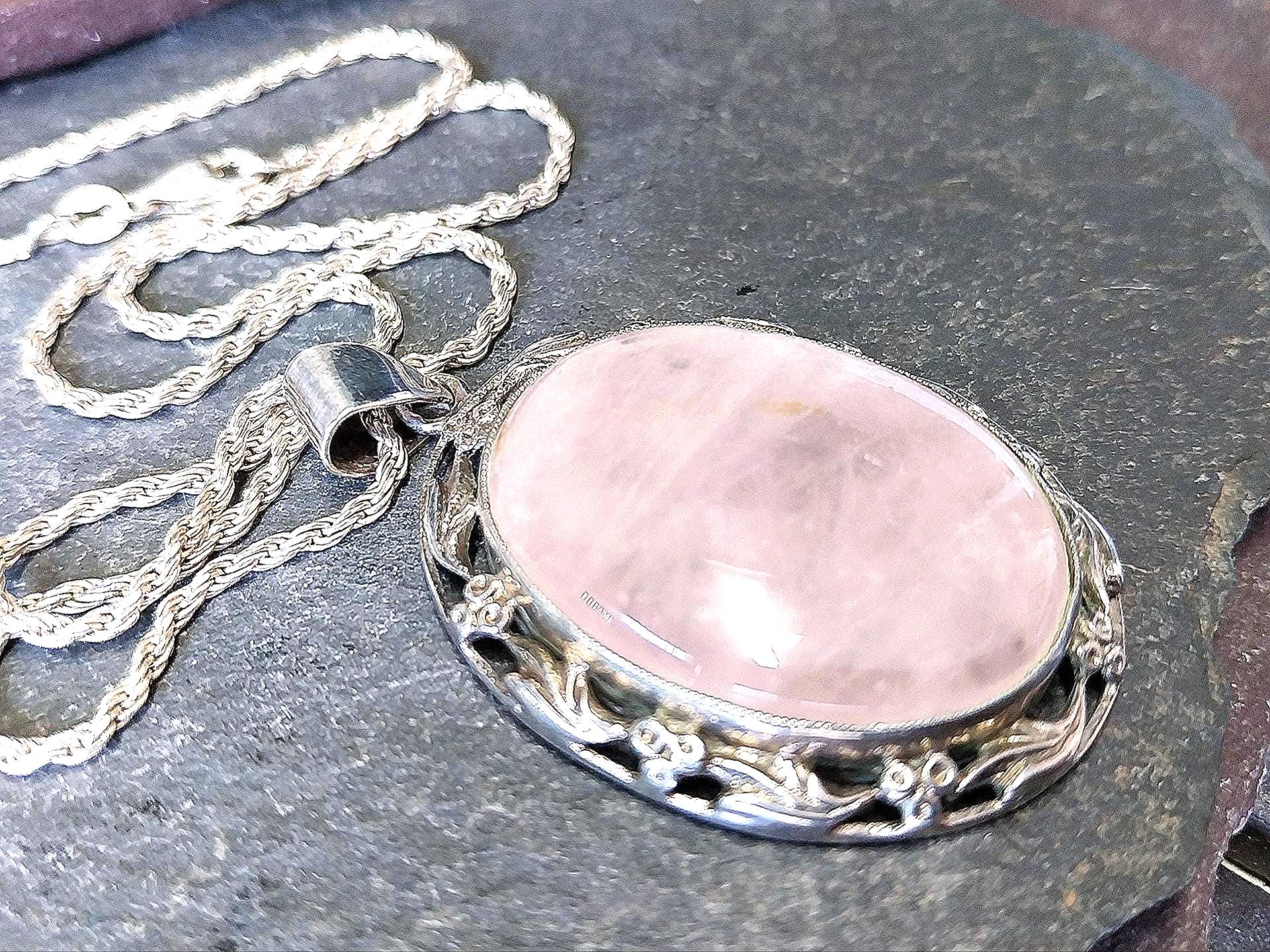 ヴィンテージ ラージ スターリングシルバー ローズクォーツ ペンダント