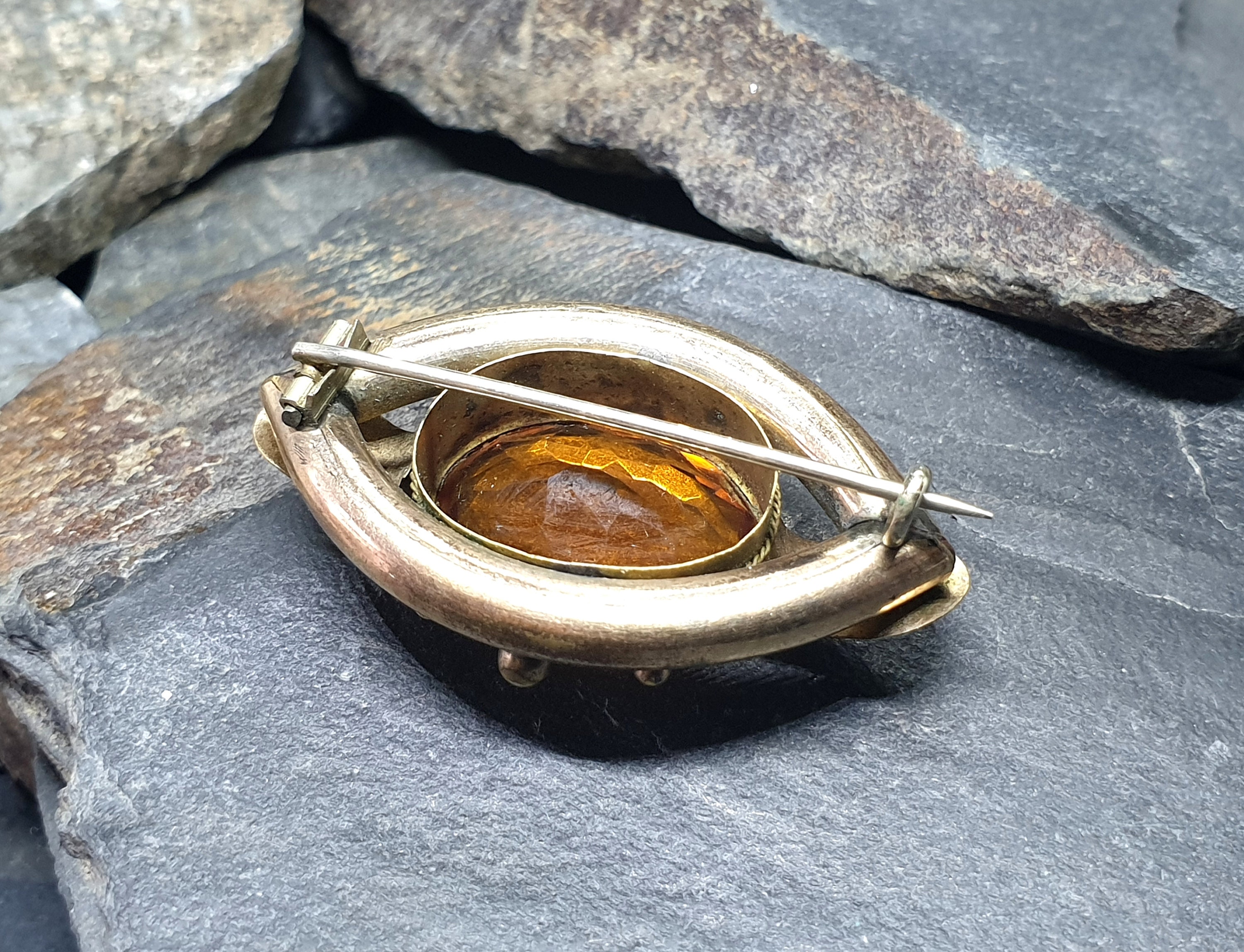 Broche Ancienne Victorienne En Argent Et Citrine - Bijou Vintage, Occasion, Pièce Unique