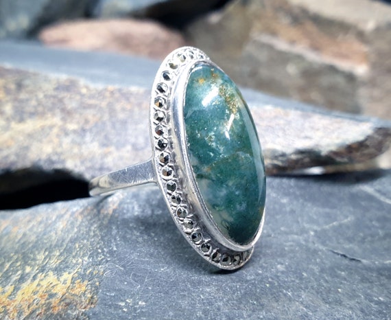 Vintage SILVER Moss Agate RING Dendritic Stone - … - image 4