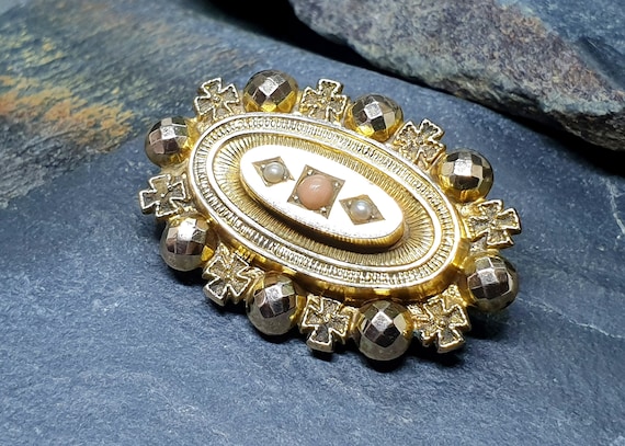 Antique 9ct GOLD Locket BROOCH - Seed Pearls and … - image 1