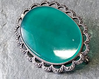Vintage GREEN TURQUOISE BROOCH - Sterling Silver Chrysoprase Agate Gemstone 6.9g