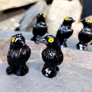 Peut inclure: Cinq petites figurines d'oiseaux noir brillant sculptées avec des textures de plumes détaillées. Chaque oiseau présente un œil circulaire jaune vif proéminent. Les figurines sont disposées en groupe, deux au premier plan et trois derrière.