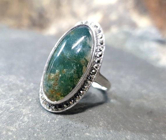 Vintage SILVER Moss Agate RING Dendritic Stone - … - image 1