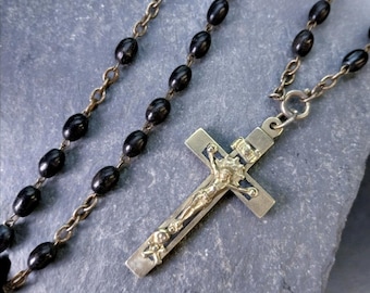 Vintage Italian Black Wooden ROSARY BEADS with Crucifix - 24" Necklace - 21g