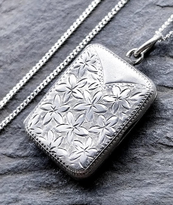 Edwardian SILVER Rectangular LOCKET with Floral D… - image 1
