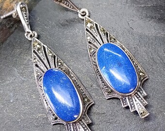 Pendientes Art Déco de plata de ley con gema azul y marcasita - 5,9 g