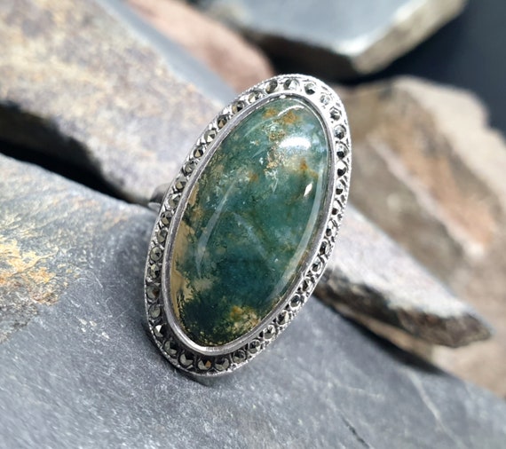 Vintage SILVER Moss Agate RING Dendritic Stone - … - image 5