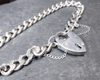GEORG JENSEN Silver Link Bracelet with Heart Clasp Padlock - 17.9g