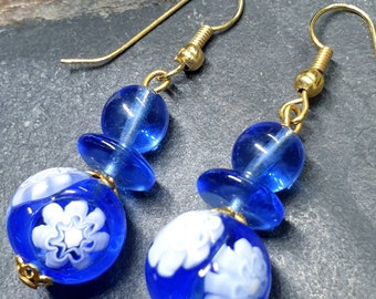 Vintage Murano Style Blue Bead EARRINGS - Long Dangling  - 8.5g