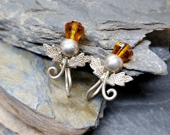 Antique Sterling Silver Carnelian Thistle Earrings - Screw Backs - 3.4g