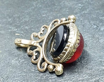 Vintage 9ct GOLD Spinner Watch Fob Pendant - Onyx & Carnelian - 3g