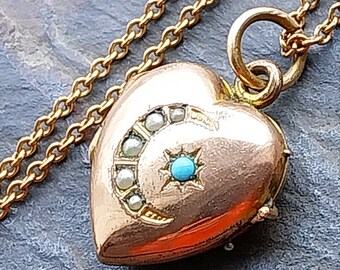 Antique Pinchbeck HEART LOCKET with Seed pearl Moon on 18" Chain - 5.3g