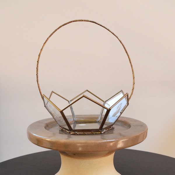 Geometric Glass Basket - Geometric Glass Box - Geometric Glass Ring Holder - Glass Basket With Handle - Glass Jewelry