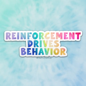 May include: A colorful sticker with the text "REINFORCEMENT DRIVES BEHAVIOR" in a rainbow gradient. The sticker has a white border and the text "@TheTieDyeDog" is printed in small letters at the bottom.