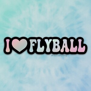 Op de afbeelding: Een zwart-witte sticker met een regenboog hart en de tekst "I ♥ FLYBALL" met de tekst "@TheTieDyeDog" eronder.
