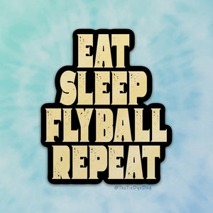 Op de afbeelding: Een zwarte en gouden sticker met de tekst "Eat Sleep Fly Ball Repeat" in een verweerd lettertype.