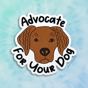 May include: A sticker featuring a brown dog illustration with the text "Advocate For Your Dog" in black. The dog has floppy ears and a black nose. The background is a tie-dye pattern in shades of blue and teal.