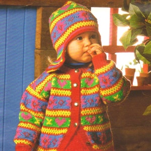 May include: A child in a vibrant Fair Isle cardigan, a matching Peruvian hat, and a red skirt. The cardigan fastens with buttons. The text "Modern Miss" is displayed.