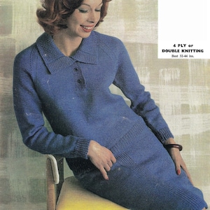 May include: A blue knitted sweater and skirt set with a collared neckline and long sleeves. The set is made for a bust size of 32-44 inches. The text "4 PLY or DOUBLE KNITTING" is printed on the image.