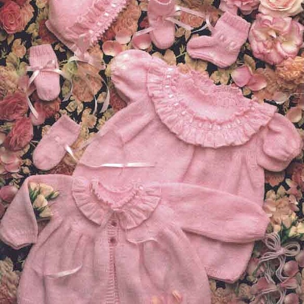 PDF Knitting Pattern~Baby Girl's Layette~DK or 4ply~16-22"