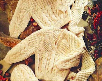 Nearly Free PDF Knitting Pattern 631~Cabled Sweaters, Hat, Mittens and Scarf~Aran~16-30"