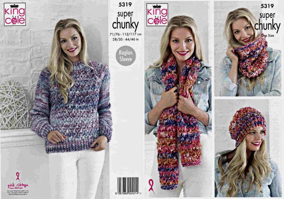 KNITTING PATTERN Ladies EASY KNIT Hat Scarf Mittens Cowl Chunky King Cole 5035
