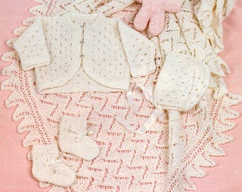 Nearly Free PDF Knitting Pattern 646~Layette and Shawl~DK~12-18"