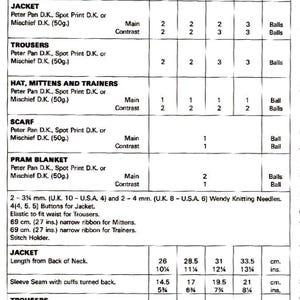 K&ouml;nnte beinhalten: Schwarz-wei&szlig; Tabelle mit Ma&szlig;en f&uuml;r Strickmuster, einschlie&szlig;lich Jacken, Hosen, H&uuml;te, F&auml;ustlinge, Trainer, Schals und eine Kinderwagendecke. Ma&szlig;e in Zentimetern und Zoll.