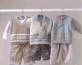PDF Knitting Pattern 2964~Baby Boy's Sweaters & Slipover~DK~14-24"