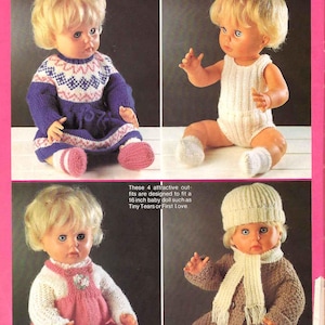 May include: Four knitted doll outfits are displayed, including a blue and white sweater dress, a white romper, a pink dress with a white sweater, and a brown coat with a scarf and hat. The text reads "DOLL'S CLOTHES".