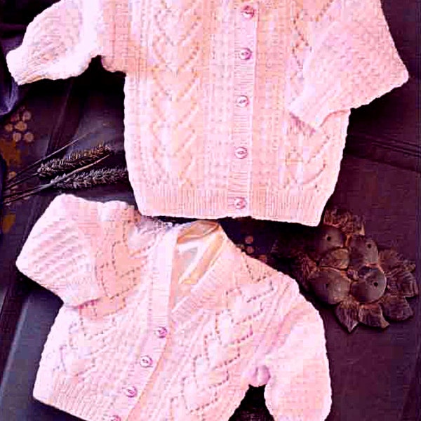 PDF Knitting Pattern~Cardigans with Panels of Lace Hearts~DK~20-24"