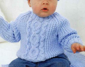 PDF Knitting Pattern 3183~Sweater, Blanket & Hat~Aran~16-26"