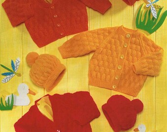 May include: An assortment of knitted children's clothing in shades of orange and red. The image features two cardigans, two hats with pom-poms, and a red cardigan with a yellow lining. Decorative cutouts of ducks and dragonflies are also present.