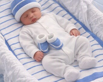 Striped Accessories Knitting Pattern pdf~Baby's Blanket, Beanie & Bootees~DK~0-3 months~Instant Download