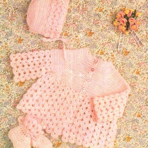 PDF Crochet Pattern~Baby Coat, Bonnet and Bootees~3ply~16-19"